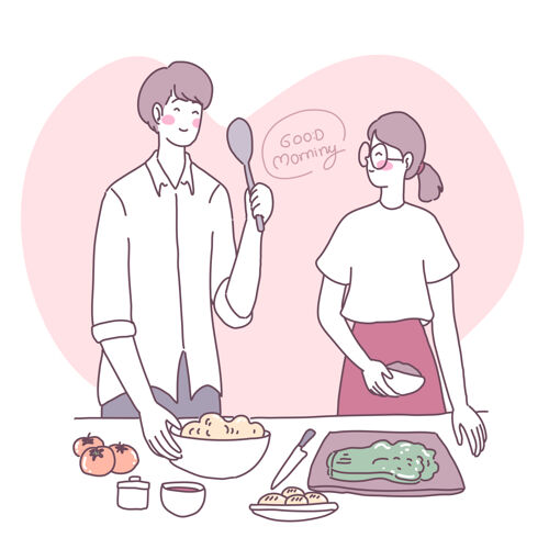 厨师矢量平面插图与一个女孩谁在厨房做饭健康公寓制服
