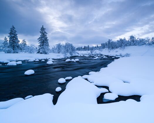 雪这条河上有雪 附近的森林冬天在瑞典被雪覆盖自然冰山