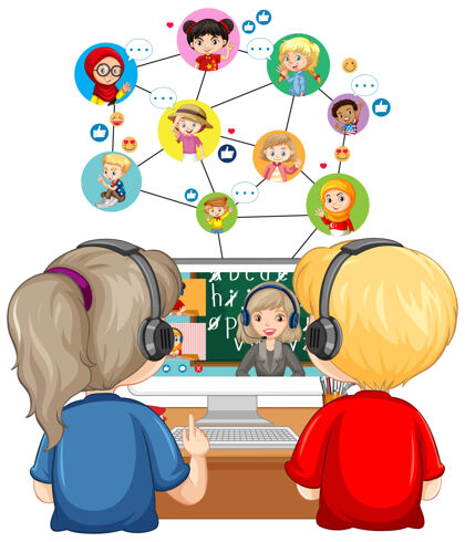国籍一对夫妇的孩子在网上学习看电脑的后视图隔离学习学习