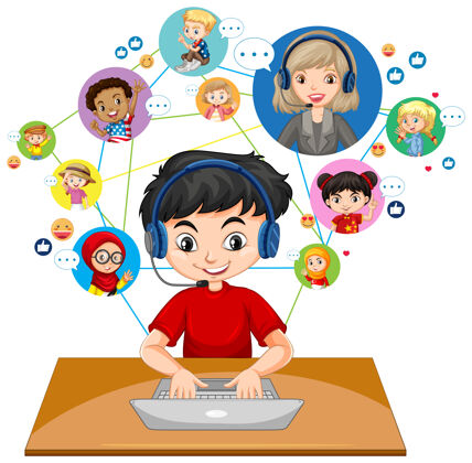 亚洲人一个男孩使用笔记本电脑与老师和朋友交流视频会议的正面视图计算机视频计算机