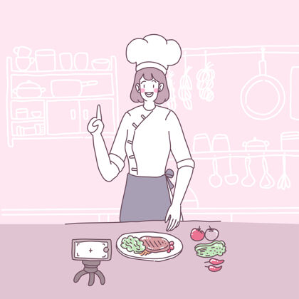 厨房矢量平面插图与一个女孩谁在厨房做饭晚餐家庭主妇工作