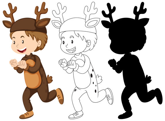 服装穿着鹿服装的男孩 颜色 轮廓和轮廓小孩男孩系列