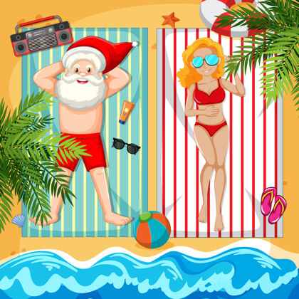 自然圣诞老人和美女在沙滩上晒太阳浴惊喜庆典卡通