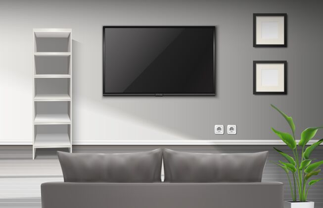 空现实的客厅内部与灰色沙发和电视剧本电视现实植物