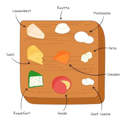 奶酪奶酪板手绘插图与名字手工绘制美味绘制