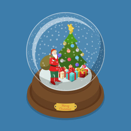 等距水晶球圣诞快乐公寓等距等距网页插图雪装饰枞树圣诞老人礼物礼盒寒假明信片横幅模板圣诞老人圣诞快乐球