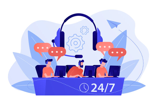 客户客户服务运营商带着耳机在电脑上为客户咨询24小时7.0呼叫中心 处理呼叫系统 虚拟呼叫中心概念图现代叙述明亮