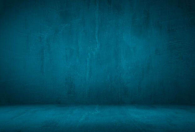 空白复古格伦蓝色混凝土纹理工作室墙壁背景 带渐晕图材料明亮老化