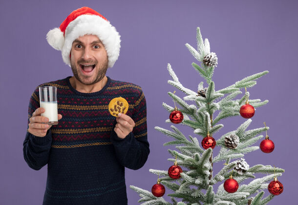 年轻人一个戴着圣诞帽的白人年轻人站在装饰好的圣诞树旁 手里拿着一杯牛奶和一块饼干 被隔离在紫色的墙上圣诞节穿着牛奶
