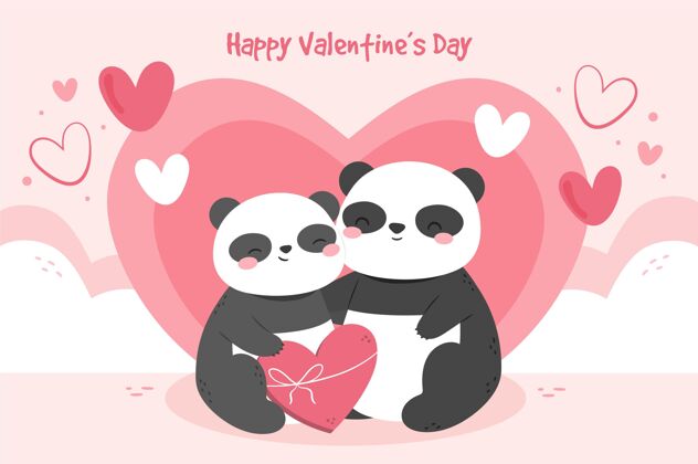 画手绘情人节背景与熊猫夫妇情人节14日情人节