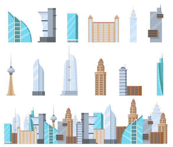 装饰现代商业摩天大楼平面集网页设计卡通城市高层建筑群孤立矢量插图集建筑立面和商业建筑理念结构平面城市