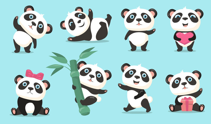 竹子可爱的熊猫集可爱的卡通中国熊宝宝挥手打招呼 抱着心或礼物 挂在竹竿上 跳舞和娱乐动物 自然 野生动物概念的矢量插图宝贝熊吉祥物