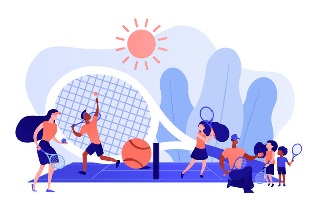 珊瑚教练和孩子们在球场上练习用球拍在夏令营 小人物网球夏令营 网球学院 青少年网球训练概念粉红珊瑚蓝矢量独立插图绘画比赛蓝色