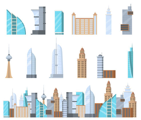 装饰现代商业摩天大楼平面集网页设计卡通城市高层建筑群孤立矢量插图集建筑立面和商业建筑理念结构平面城市