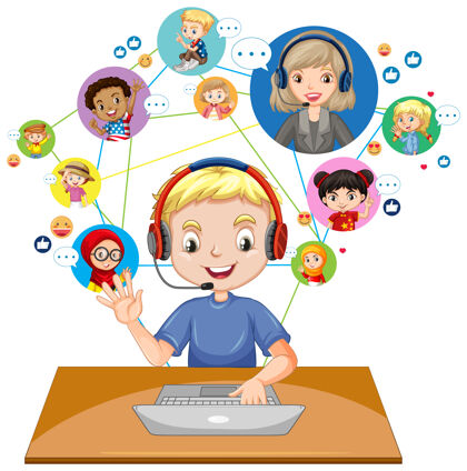 社交一个男孩使用笔记本电脑与老师和朋友交流视频会议的正面视图敬礼电话人