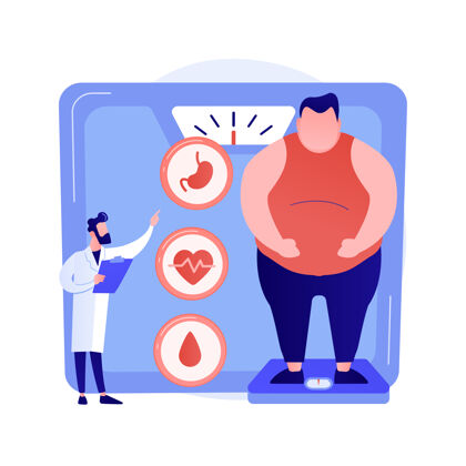 问题肥胖问题超重男子医疗咨询和诊断肥胖对人类健康和内脏器官的负面影响向量孤立概念隐喻说明诊断平面不健康