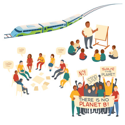 电气儿童教育 讨论 抗议活动和生态交通的概念剪贴画卡通人物与拯救地球横幅 火车与铁路 与老师见面地球团队合作儿童