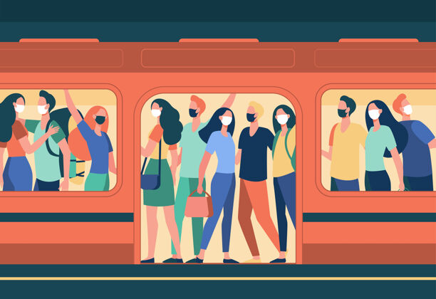 插图戴着口罩的人群站在地铁列车上公共交通 乘客 通勤者病毒 传染病 防护医疗流行病交通