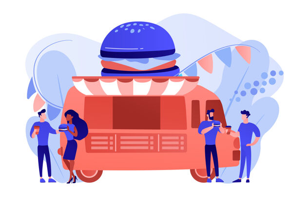 手推车商务人士在卡车上拿着汉堡包吃快餐 喝咖啡街头美食节 当地美食网 世界美食节的概念粉红珊瑚蓝矢量独立插图户外绘画快餐