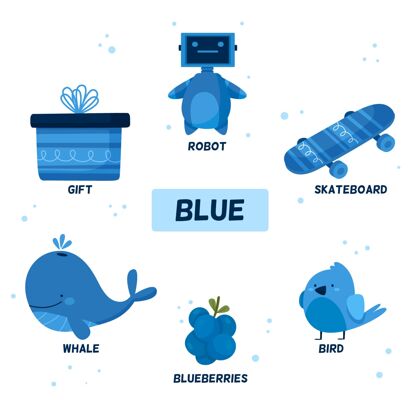 蓝色蓝色物体和英语词汇集集合包装童年