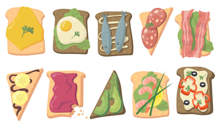 早午餐各种美味的烤面包平面设置网页设计卡通三明治面包鸡蛋 鱼 奶酪 鳄梨片 培根健康食品和早餐的概念团体三明治各种