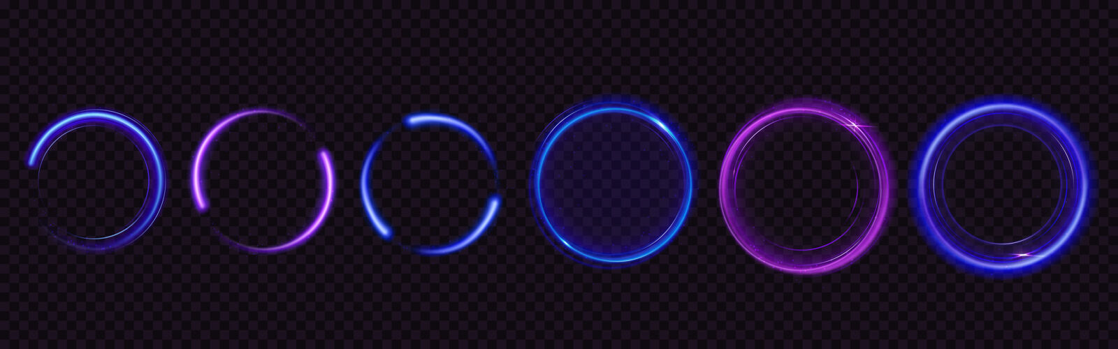 旋转闪烁的光圈 神奇的灯光效果蓝色和紫色闪亮的圆环和漩涡的真实集合 闪光轨迹的圆形框架与透明背景上的闪光灰尘隔离设置闪光闪光