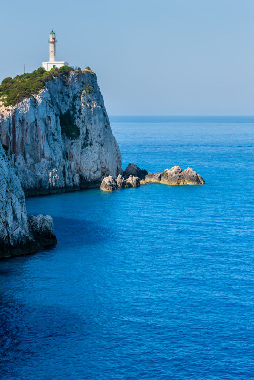 希腊莱夫卡斯岛南角和灯塔（莱夫卡达 希腊 爱奥尼亚海）海湾地中海海蓝