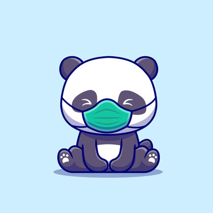 插图可爱的熊猫坐着戴着面具卡通图标插图动物健康图标概念隔离平面卡通风格保健卡通人物面具