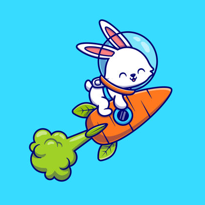 可爱可爱的兔子宇航员与胡萝卜火箭卡通图标插图飞行动物科技图标概念隔离平面卡通风格火箭飞行技术