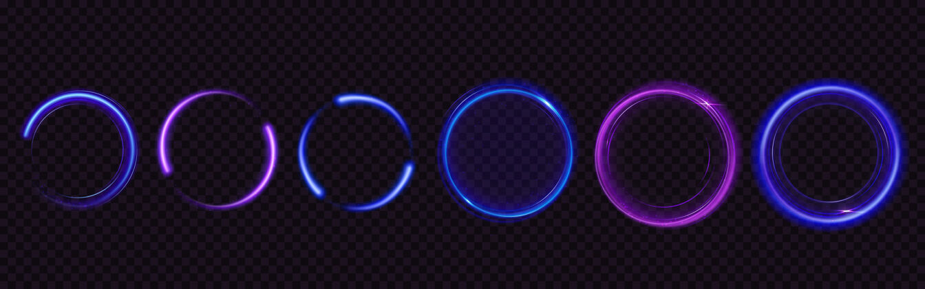 旋转闪烁的光圈 神奇的灯光效果蓝色和紫色闪亮的圆环和漩涡的真实集合 闪光轨迹的圆形框架与透明背景上的闪光灰尘隔离设置闪光闪光