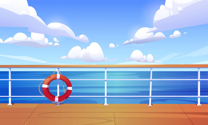 栏杆游船甲板上的海景平静水面和蓝天白云的海洋景观木船甲板或带有栏杆和救生圈的码头的卡通插图船甲板救生圈