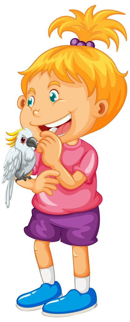 孩子快乐的女孩抱着鹦鹉动物卡通微笑