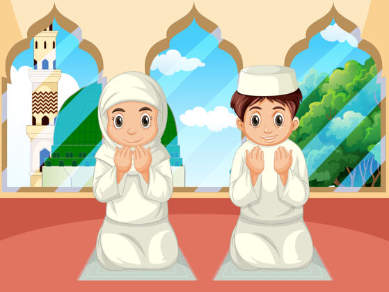 传统阿拉伯男孩和女孩穿着传统服装在清真寺背景下祈祷坐着传统坐着