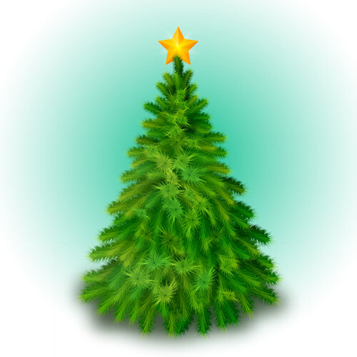 光辉装饰着黄色星星的大圣诞树户外杉树惊喜
