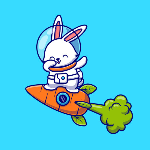动物可爱的兔子宇航员轻拍和胡萝卜火箭卡通图标插图飞行动物科技图标概念隔离平面卡通风格平面舞蹈宇航员