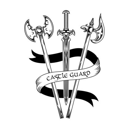 历史勇敢的骑士武器矢量插图剑和斧头 丝带上的城堡守卫文字守卫和徽章或徽章模板的保护概念徽章军队古代