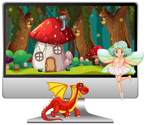 电脑电脑屏幕上的童话隔离在白色背景上怪物户外龙