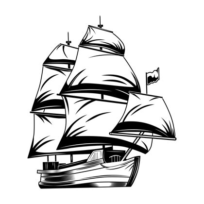 巡航老式帆船矢量插图单色经典帆船古典风格旗帜
