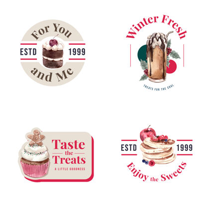 美味标志设计与冬季糖果在水彩画风格圣诞节商标冬天