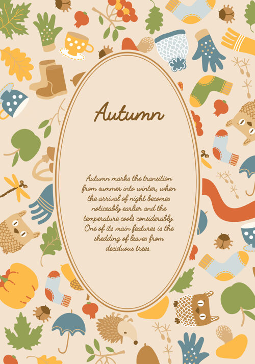 铭文抽象的季节性彩色模板与文本在椭圆形的框架和秋天的轻元素蘑菇椭圆形橡子