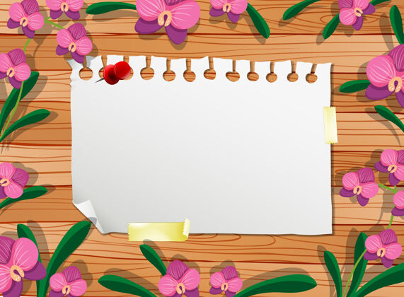 花桌面上白纸的顶视图 带有叶子和粉色兰花元素纸条顶视图花瓣