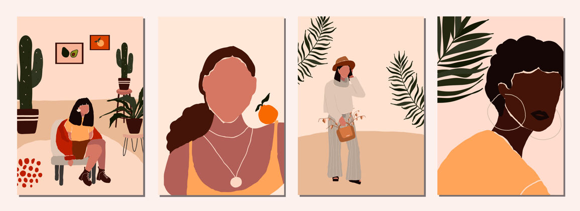 棕榈一套带有抽象现代女性角色的卡片人物收藏人物