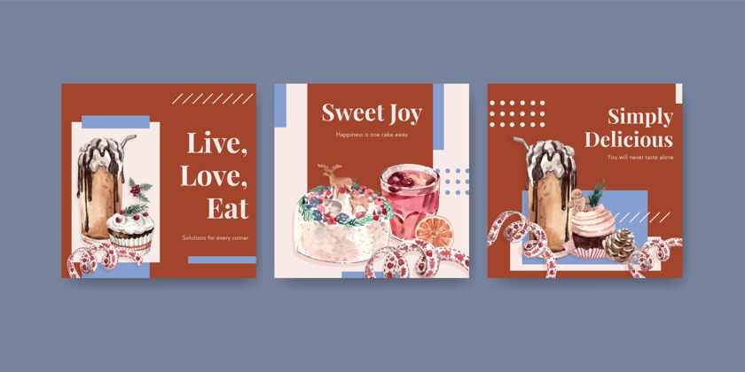 装饰广告模板设置与冬季糖果在水彩画风格饮料庆祝广告