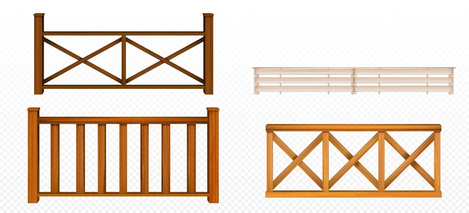 栏杆木栅栏 扶手 带菱形和格栅图案的栏杆部分阳台面板 楼梯或露台栅栏建筑隔离设计元素 3d矢量写实插图集柱子牧场插图