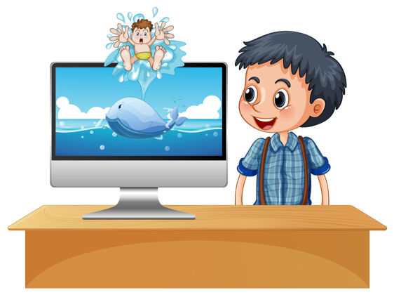 水快乐男孩在电脑屏幕旁与海洋场景电脑男性自然