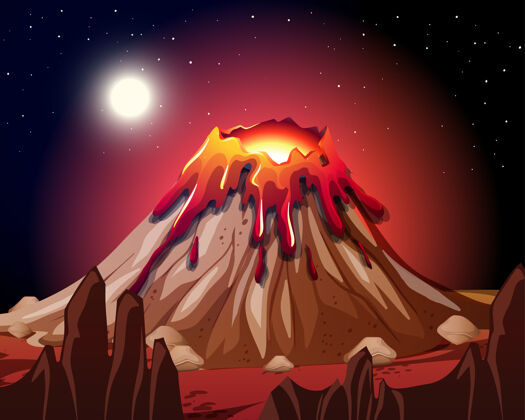 户外火山喷发在夜间的自然景象天空火山口卡通