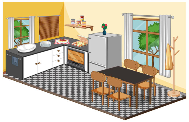室内餐厅内部配有现代风格的家具厨房柜台家