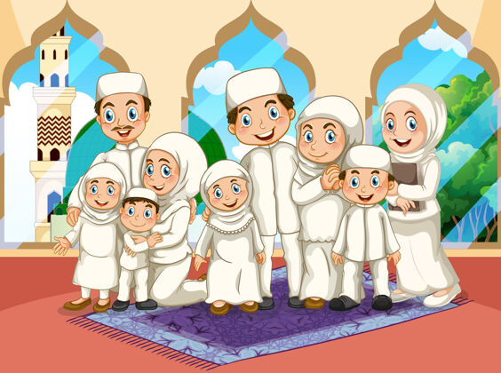 阿拉伯人阿拉伯大家庭穿着传统服装在清真寺祈祷卡通人物父母