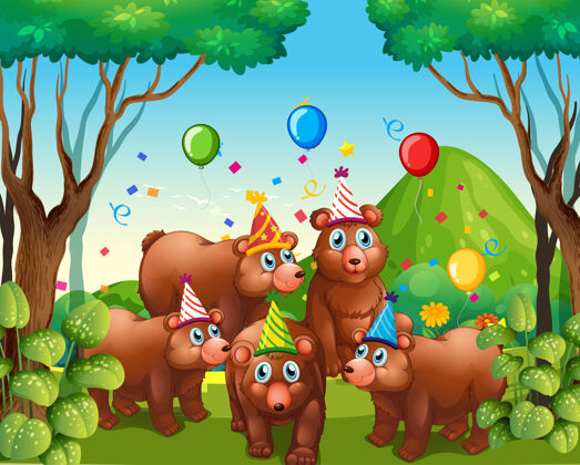儿童熊群在派对主题卡通人物森林里收集聚会创意