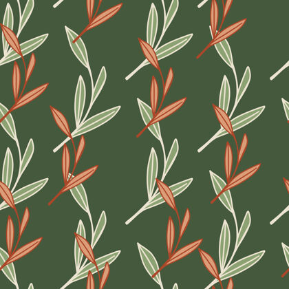 细枝装饰无缝涂鸦模式与草药粉白色轮廓树叶形状涂鸦线性植物